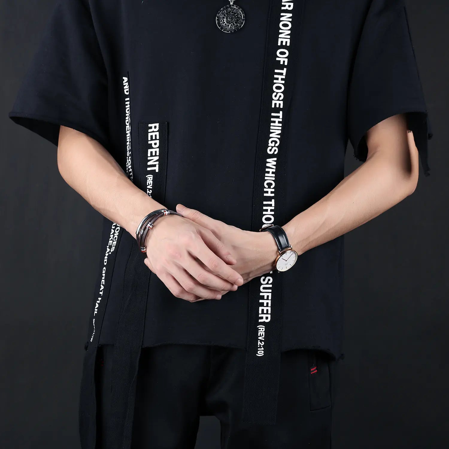 Woven Leather Steel Bracelet for Men