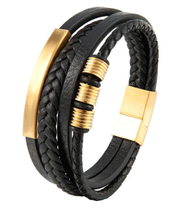 Genuine Leather Multi-layer Stainless Steel Men's Bracelet