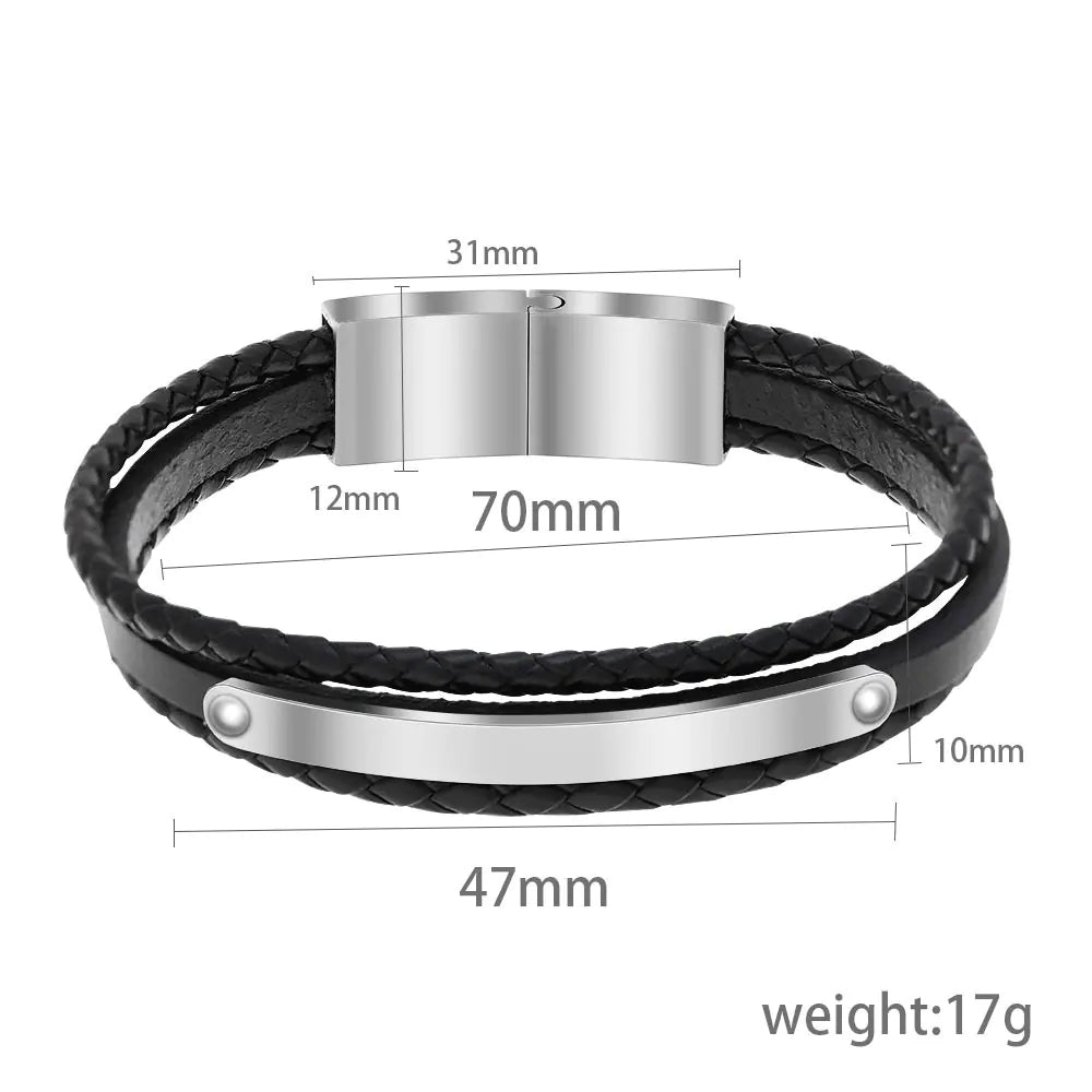 Stainless Steel Black Leather Woven Men's Bracelet