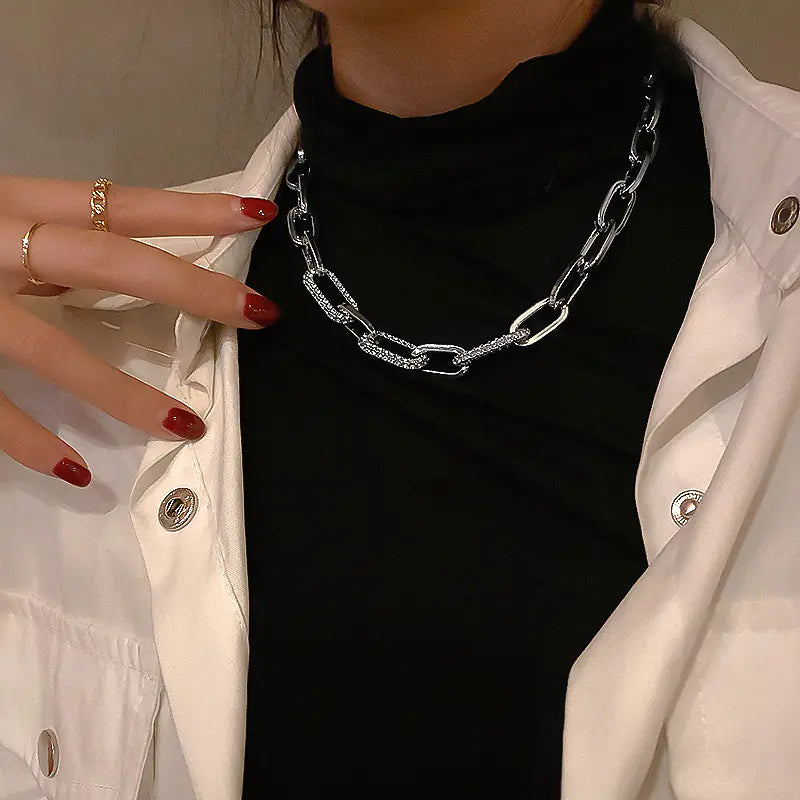 Diamond Embedding Thick Cuban Chain Necklace