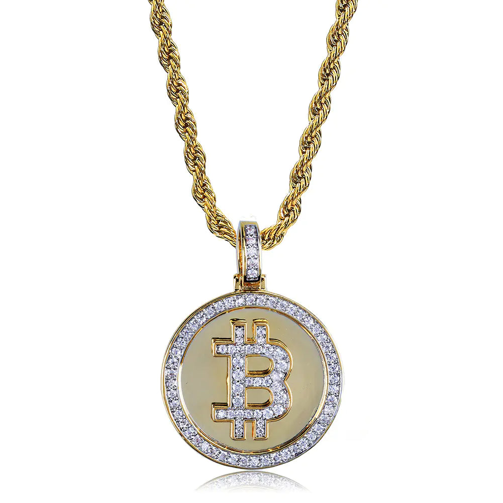 Men's Hip Hop Bitcoin Pendant Necklace with Zirconia