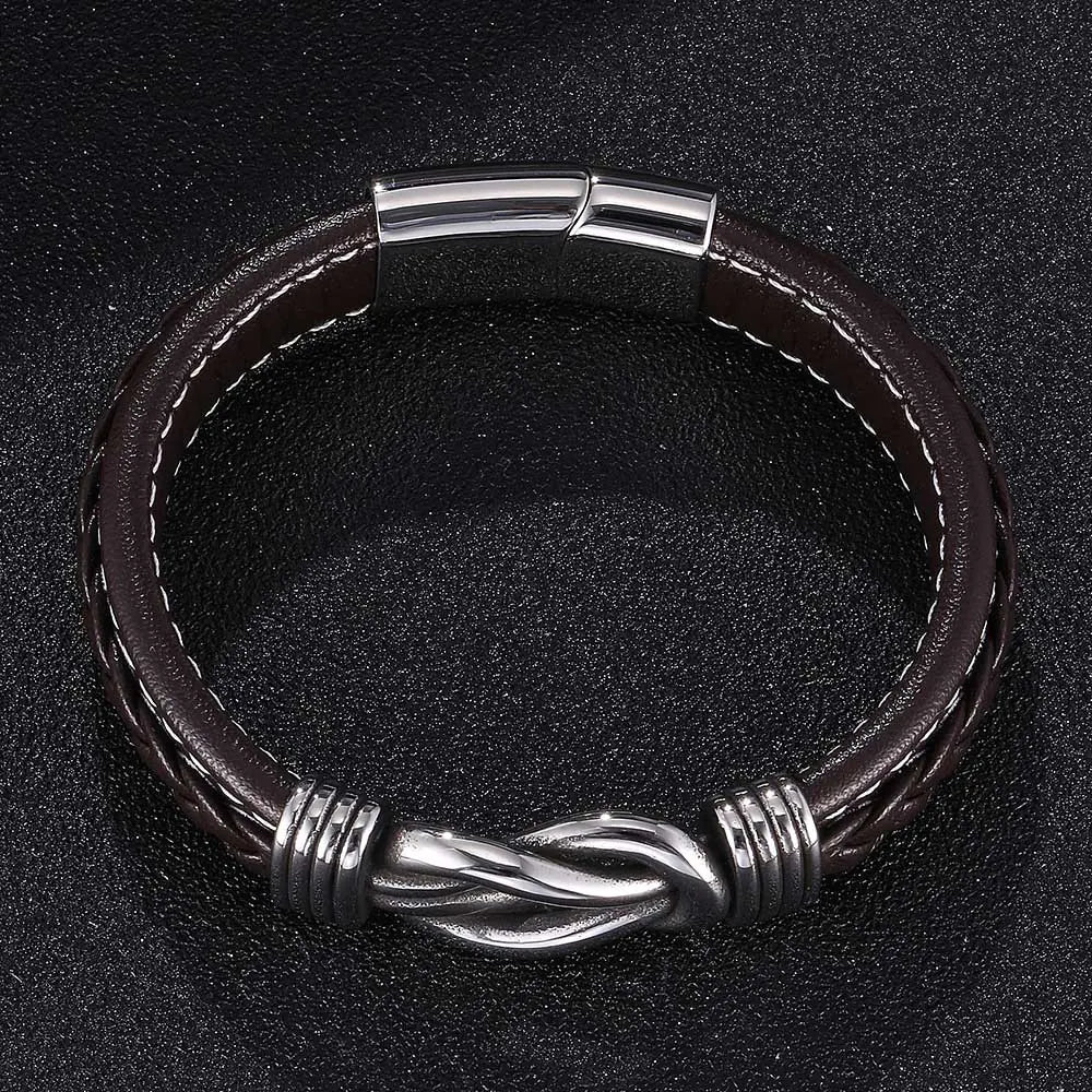 Microfiber Brown Leather Stainless Steel Punk Bracelet for Men