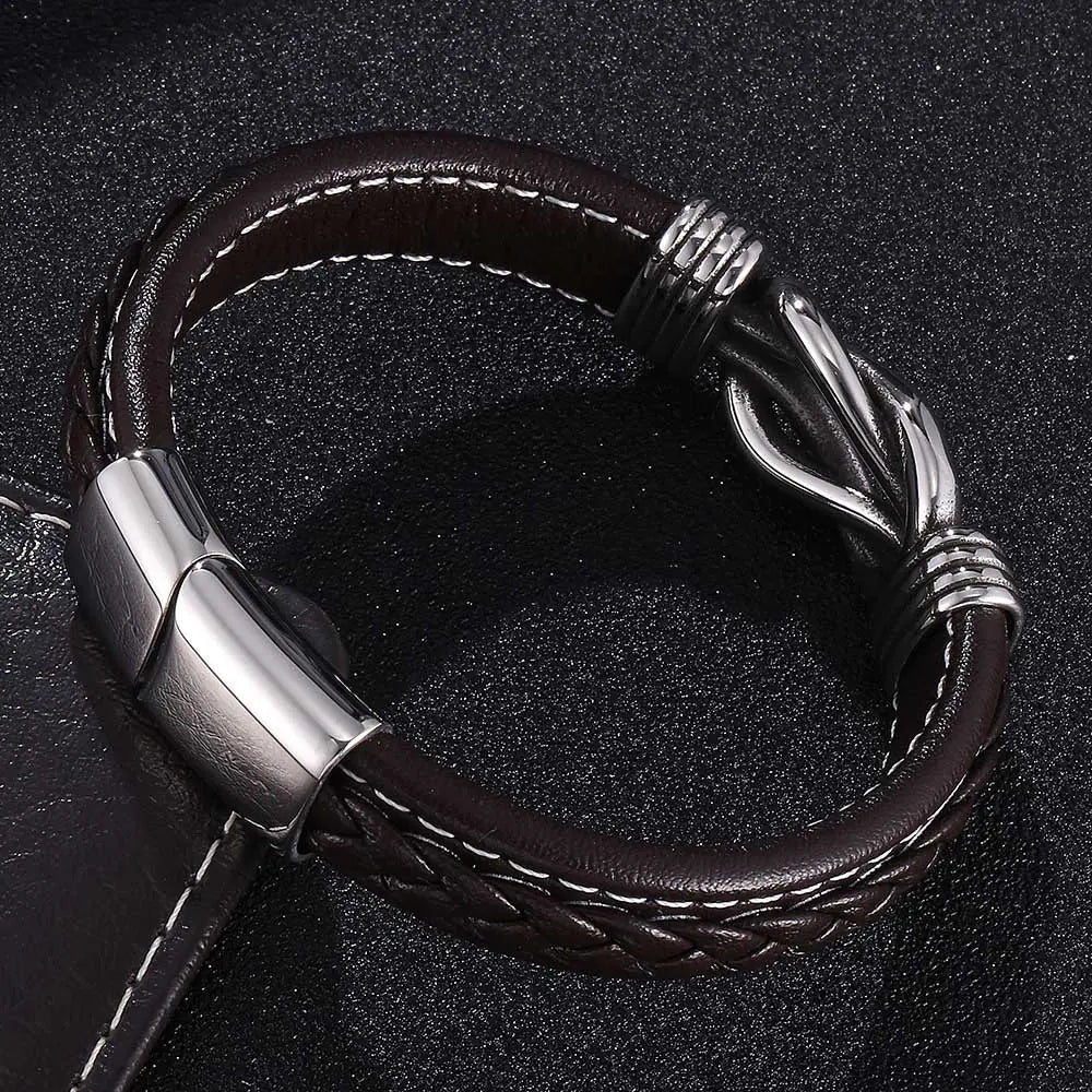 Microfiber Brown Leather Stainless Steel Punk Bracelet for Men