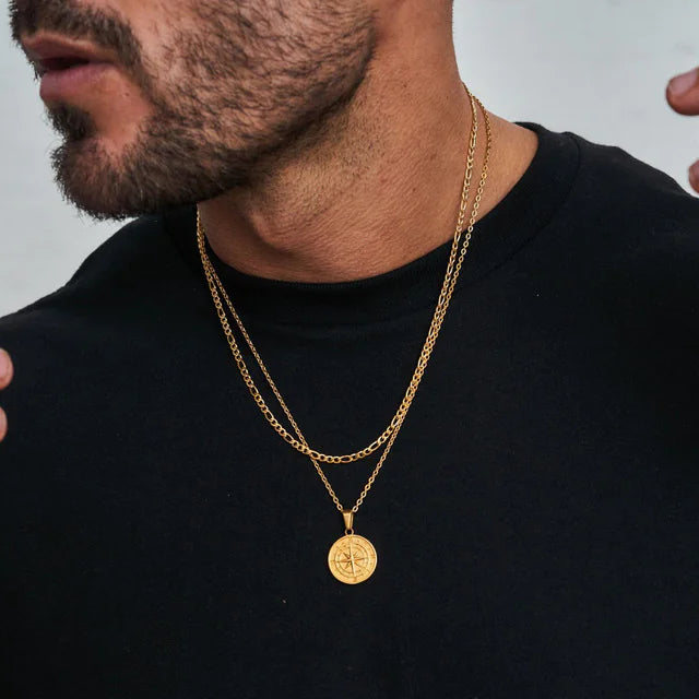 Men's Layered Nautical Compass Pendant Necklace