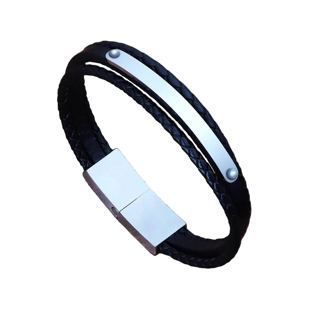 Stainless Steel Black Leather Woven Men's Bracelet