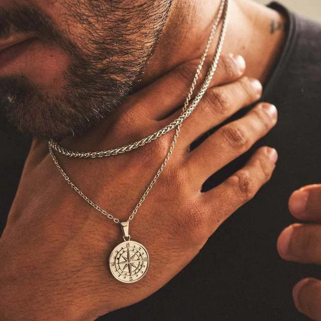 Men's Layered Nautical Compass Pendant Necklace