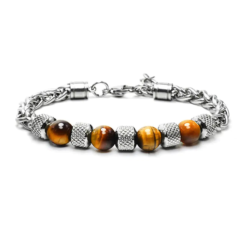 Tiger Eye Stone Beads Titanium Steel Chain Men's Bracelet