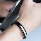 Stainless Steel Black Leather Woven Men's Bracelet