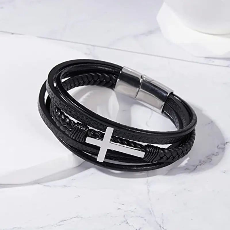 Handmade Multi-layer Braided Leather Cross Men's Bracelet