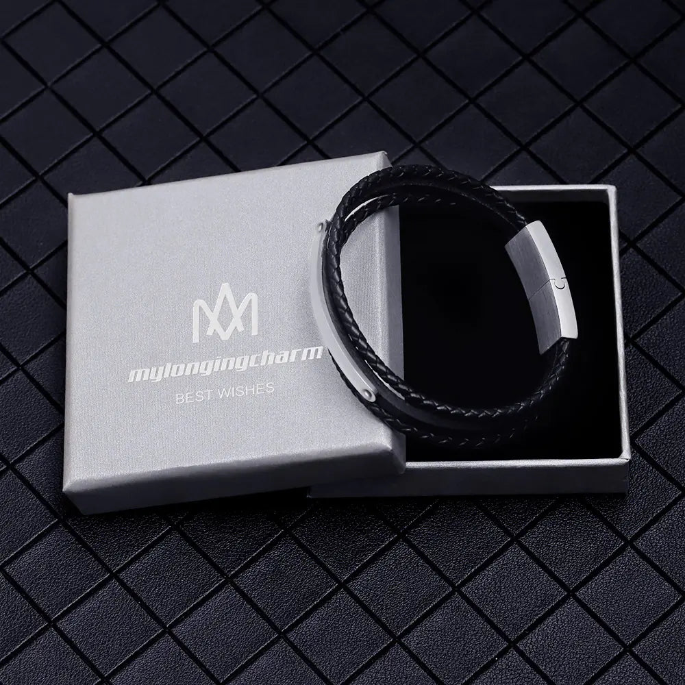 Stainless Steel Black Leather Woven Men's Bracelet