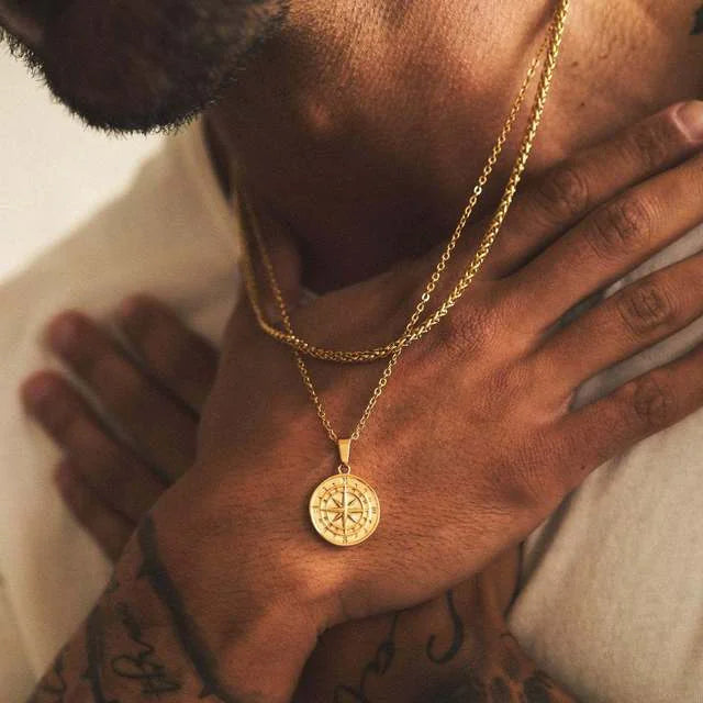 Men's Layered Nautical Compass Pendant Necklace