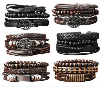 Handmade Vintage Weave Beaded Leather Men's Bracelet