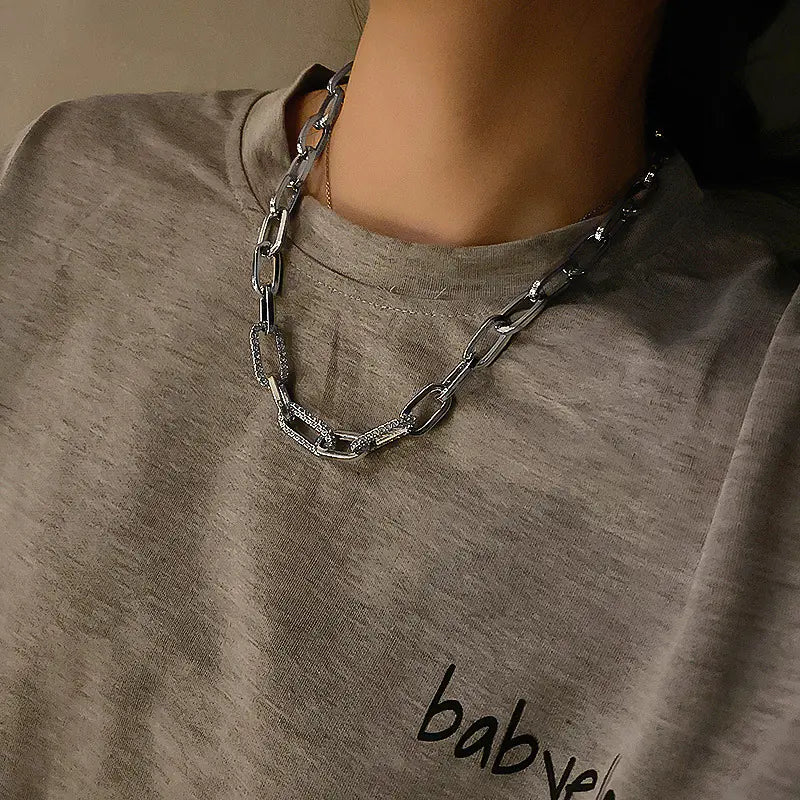 Diamond Embedding Thick Cuban Chain Necklace