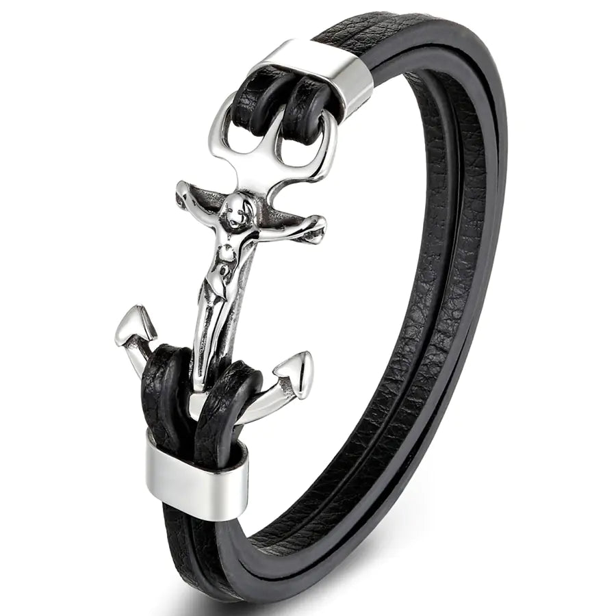 Classic Magnetic Anchor Stainless Steel Leather Men's Bracelet