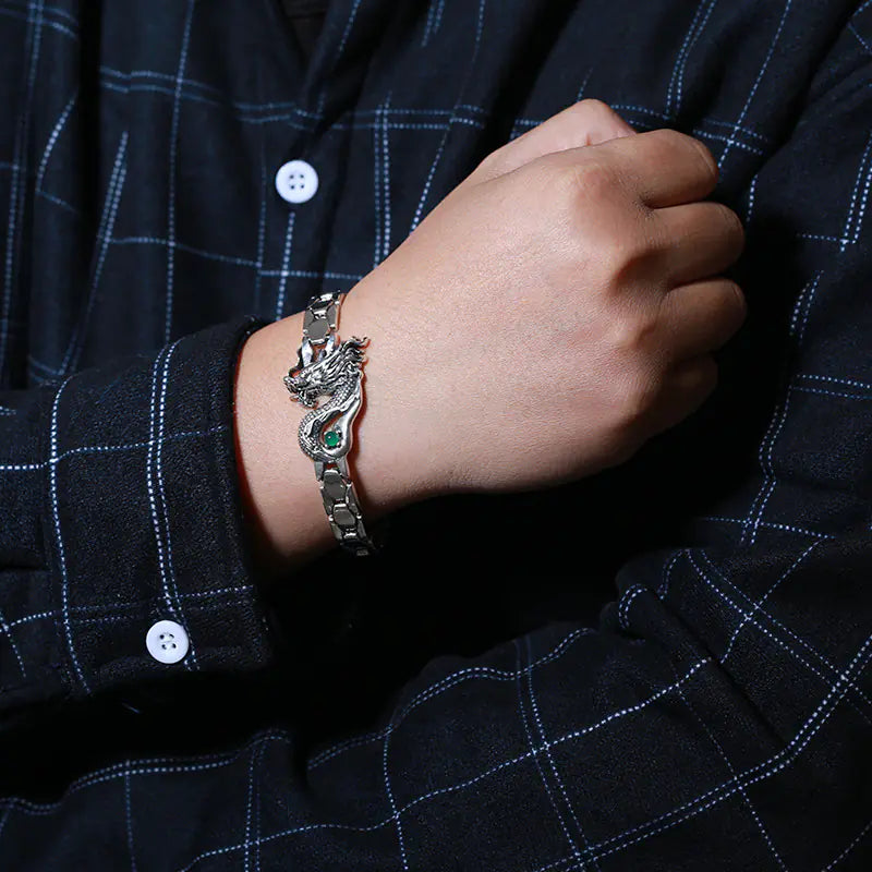 Green Gem Dragon Totem Metal Chain Men's Bracelet