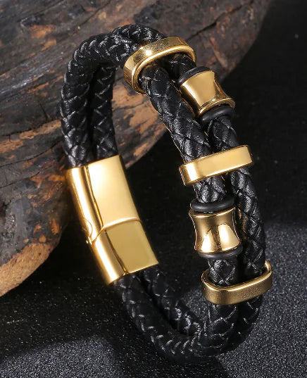 Genuine Leather Braided Stainless Steel Multilayer Bracelet for Men