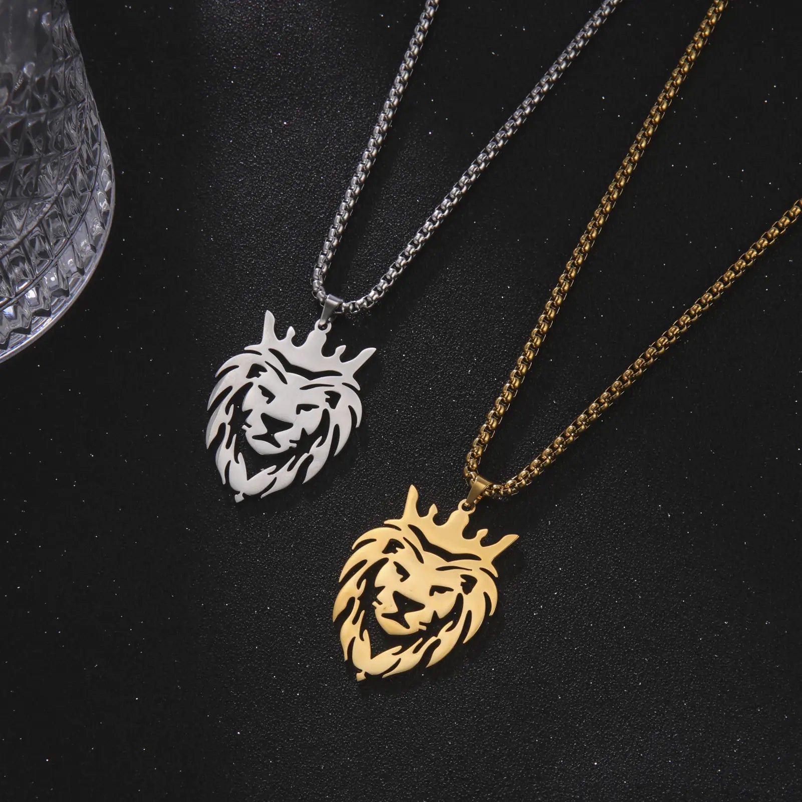 Men's Gold Lion Head Pendant Necklace, Punk Style