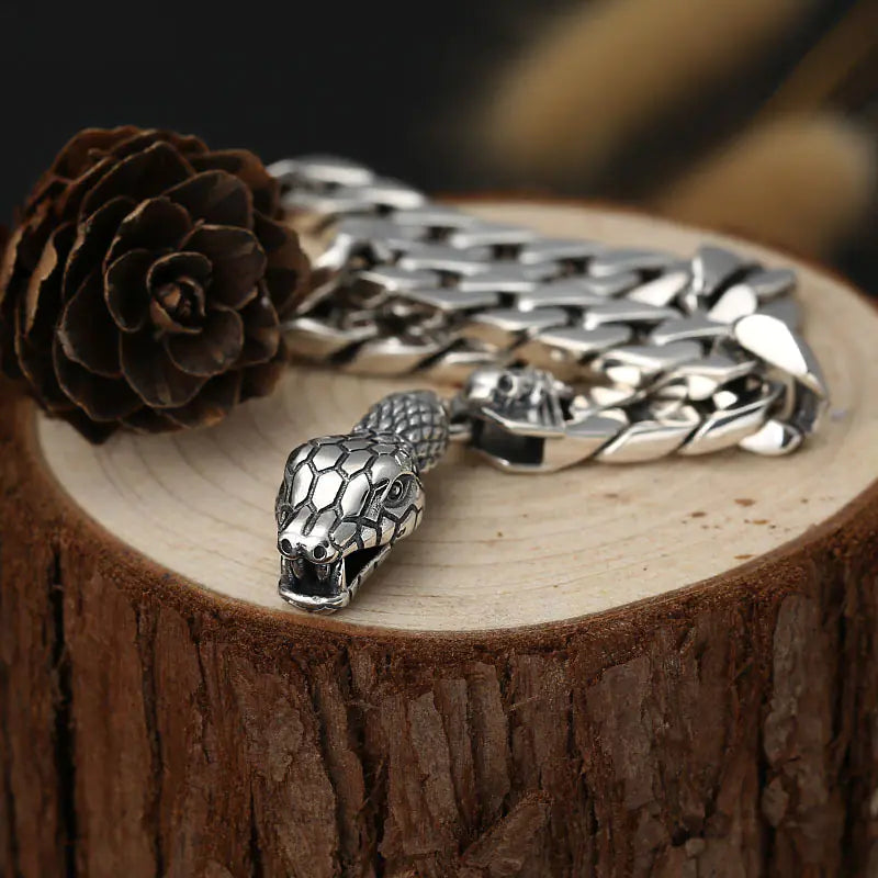 Thai Silver Snake Head Metal Chain Men's Bracelet