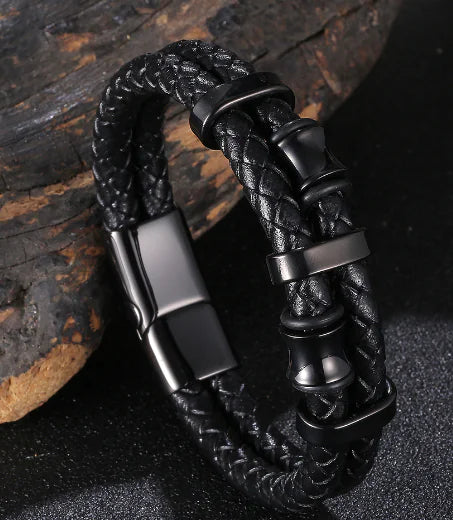 Genuine Leather Braided Stainless Steel Multilayer Bracelet for Men