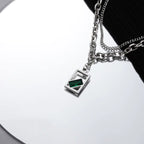 Double Layer Stainless Steel Men's Link Chain Green Pendant