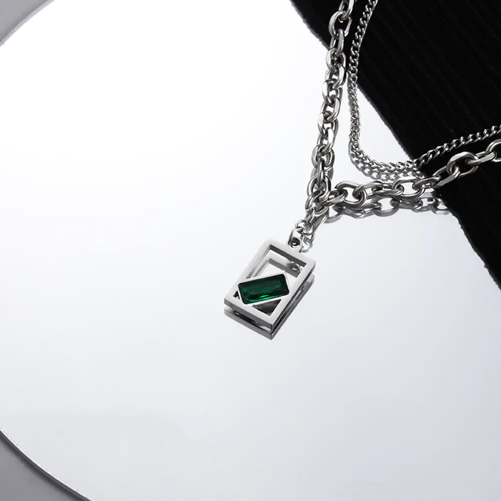 Double Layer Stainless Steel Men's Link Chain Green Pendant