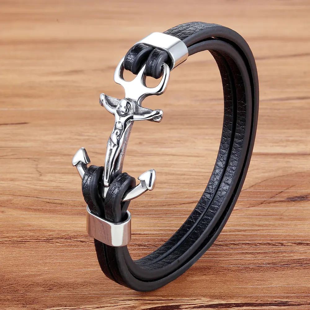 Classic Magnetic Anchor Stainless Steel Leather Men's Bracelet