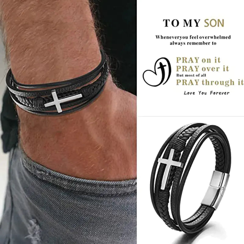 Handmade Multi-layer Braided Leather Cross Men's Bracelet