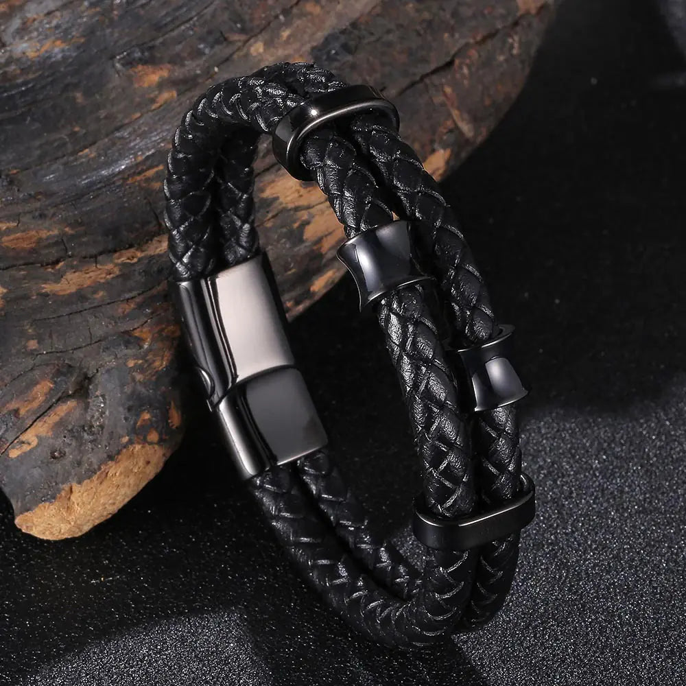 Genuine Leather Braided Stainless Steel Multilayer Bracelet for Men
