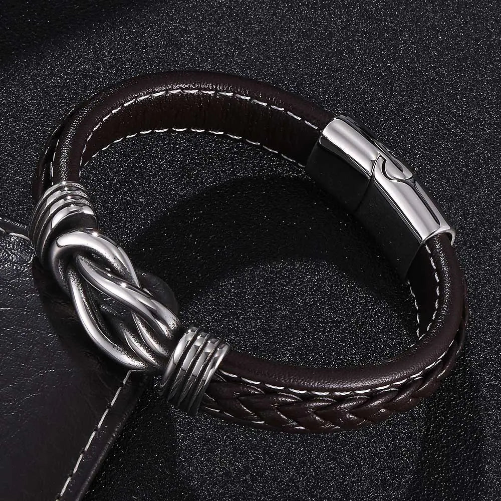 Microfiber Brown Leather Stainless Steel Punk Bracelet for Men