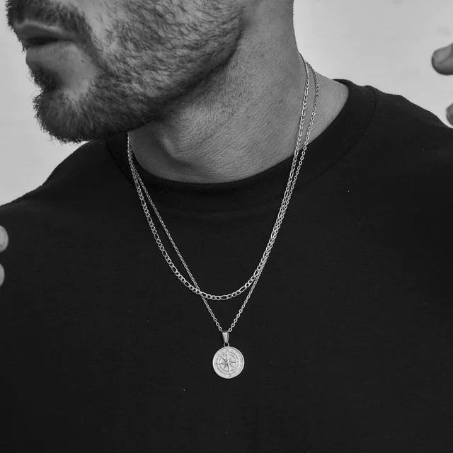 Men's Layered Nautical Compass Pendant Necklace