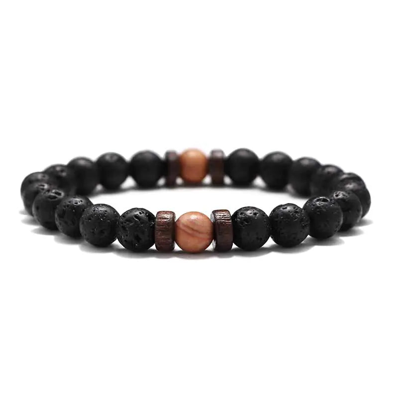 8mm Lava Stone & Wood Beaded Men's Bracelet