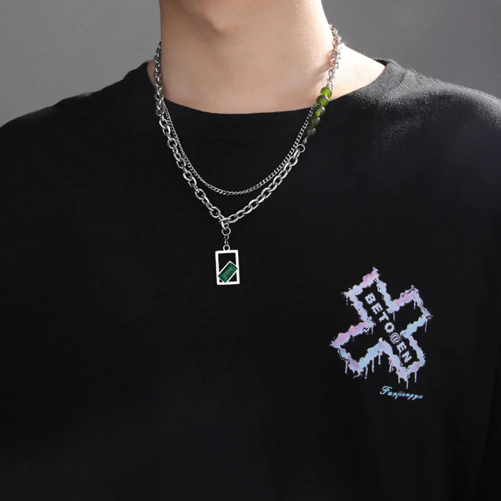 Double Layer Stainless Steel Men's Link Chain Green Pendant