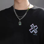 Double Layer Stainless Steel Men's Link Chain Green Pendant